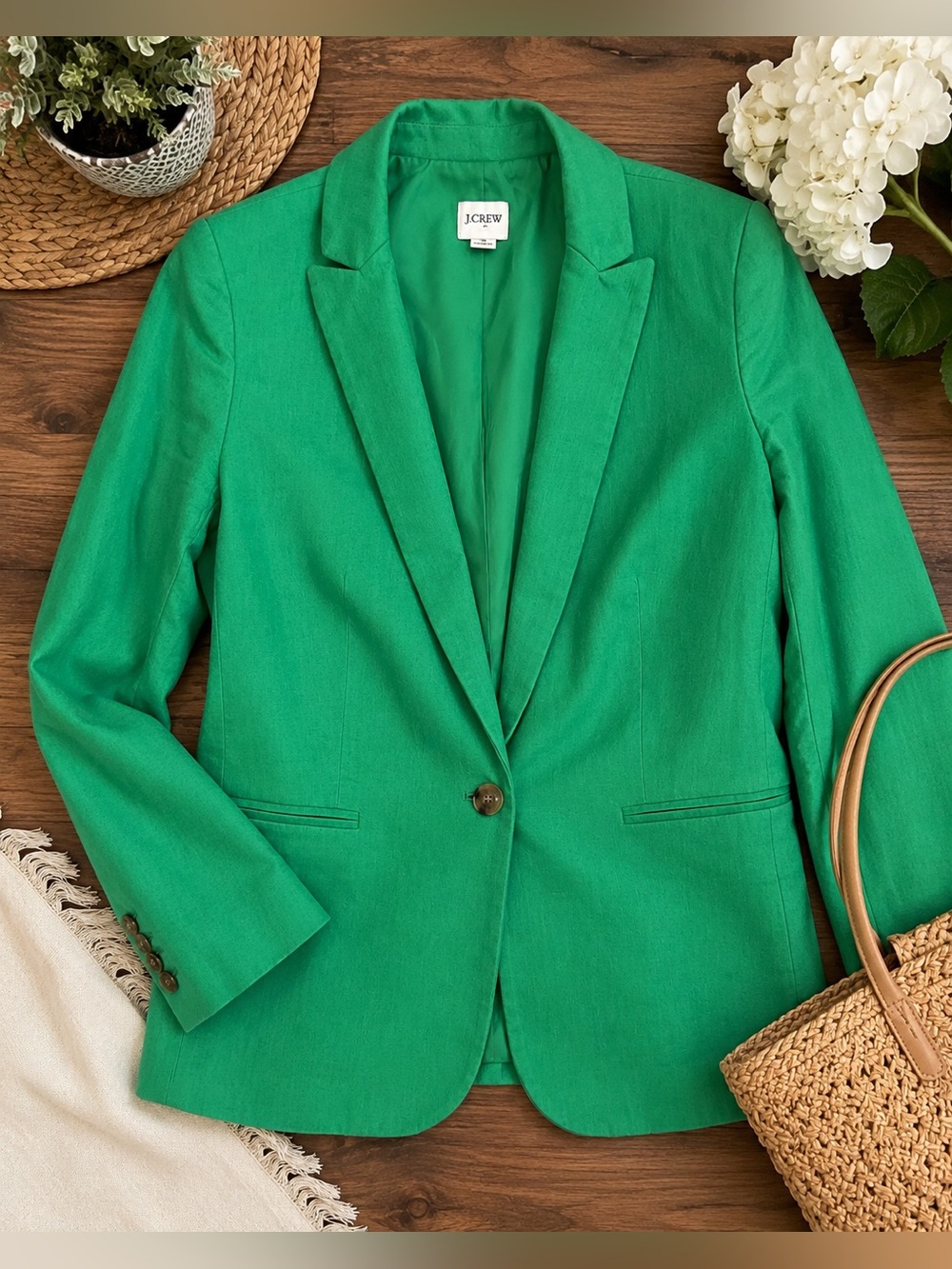J.Crew Re-Imagined Kelly Green Linen Blend Blazer Size 6 One Button Tailored